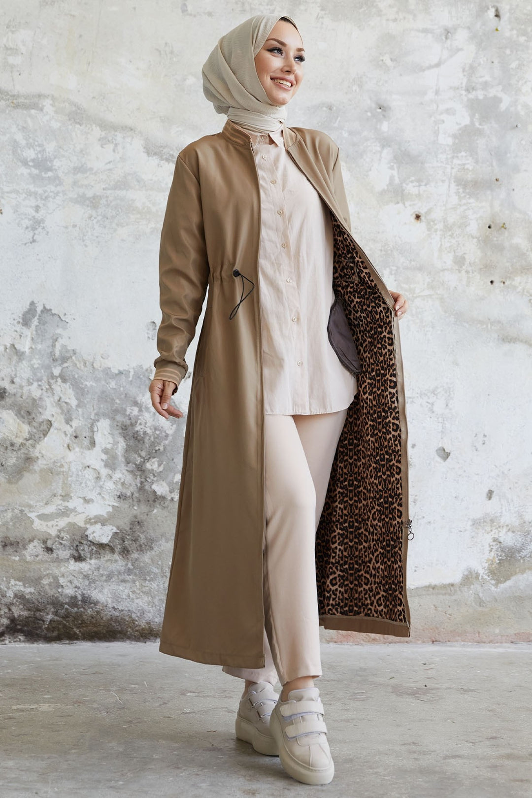 MDS Women Penny Collar Patterned Trench Coat - Beige - Battle Creek
