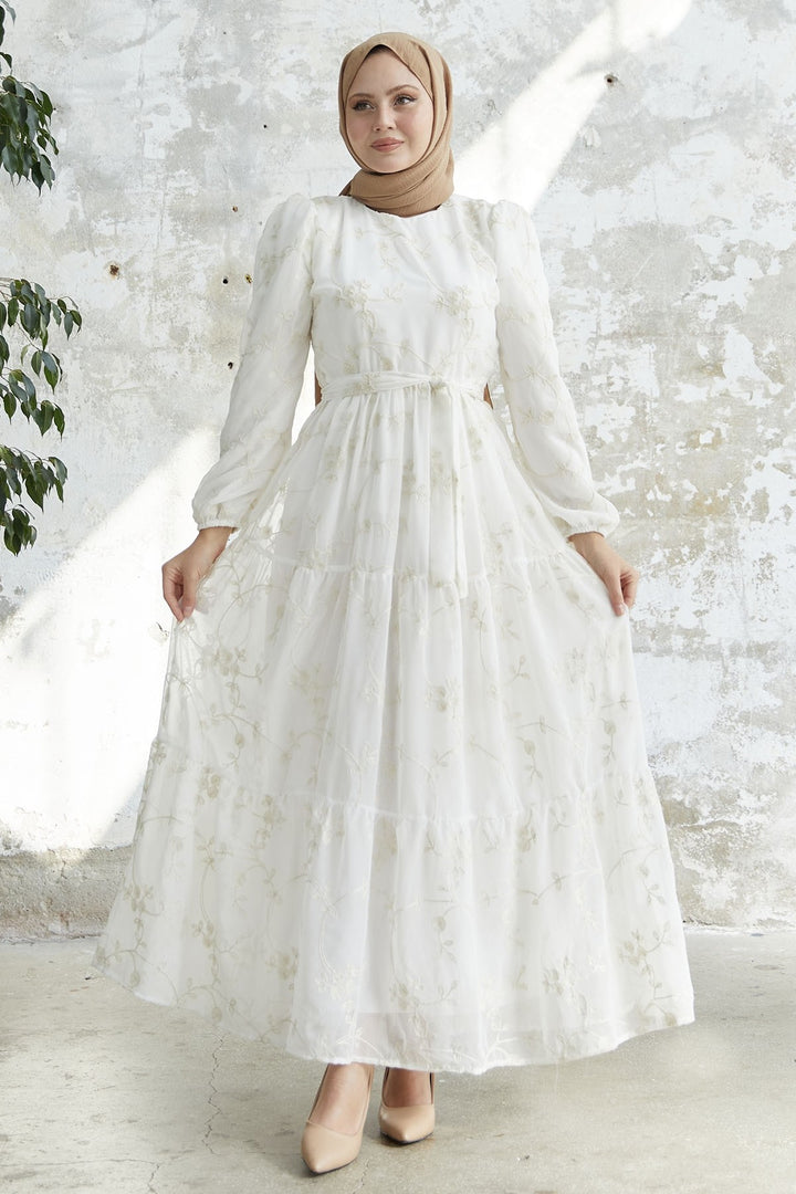 MDS Women Embroidered Ruffled Chiffon Dress - White - Mykolaiv