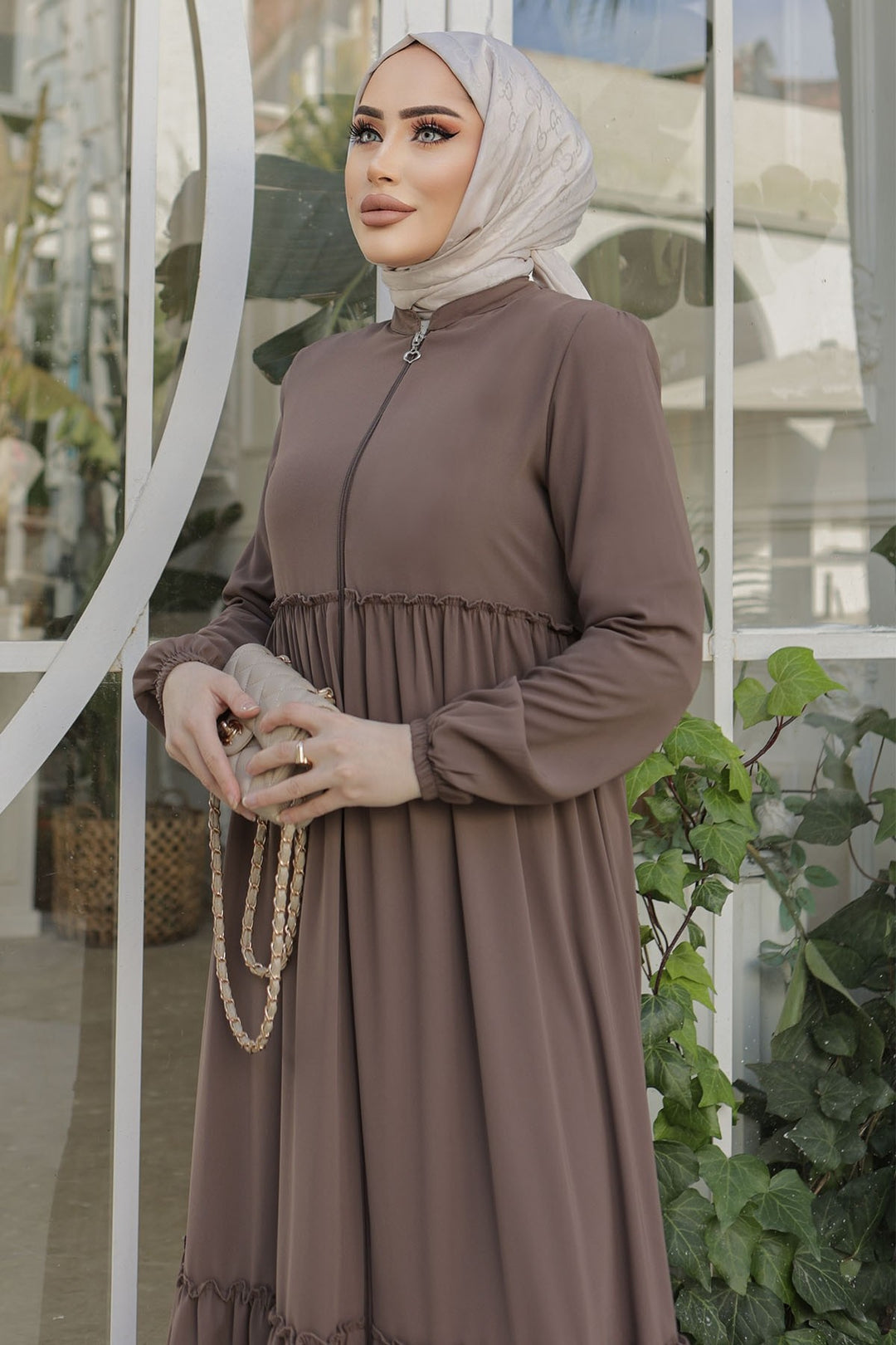 MDS Women Pleated Detail Zippered Abaya - Brown - Surrey