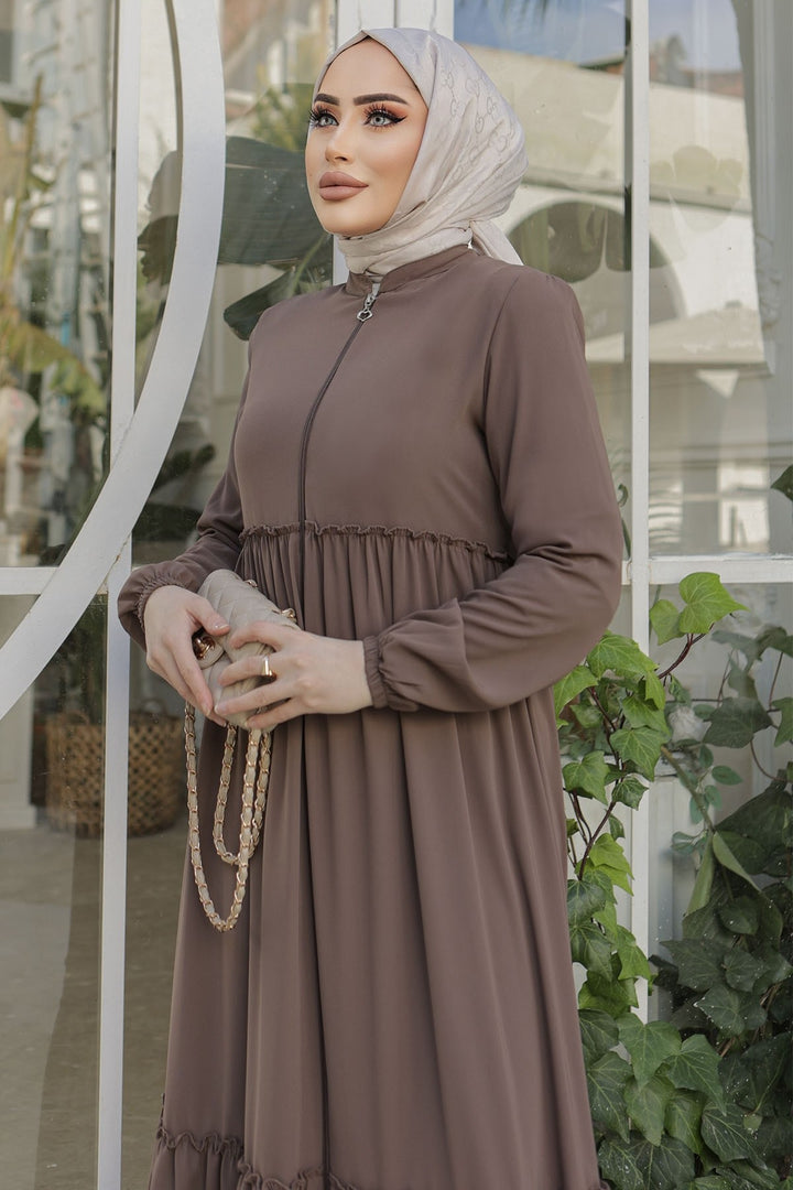 MDS Women Pleated Detail Zippered Abaya - Brown - Surrey