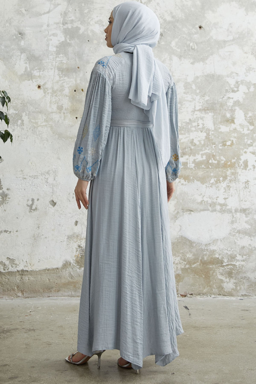 MDS Women Waffle Dress with Embroidered Sleeve - Gray - La Presa