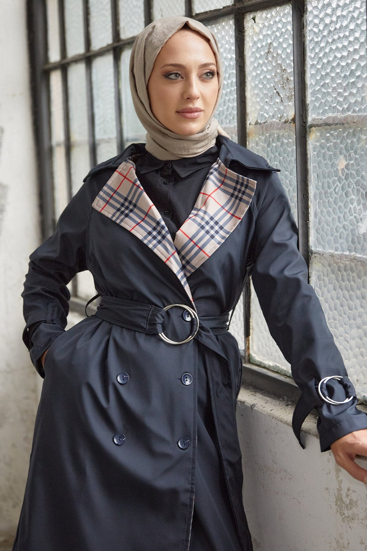 MDS Women Eleta Double-Breasted Checkered Trench Coat - Navy - Weymouth