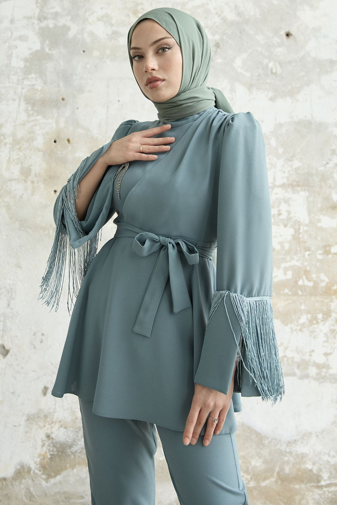 MDS Women Tasseled Sleeve Stone Crepe Set - Mint - Stockport