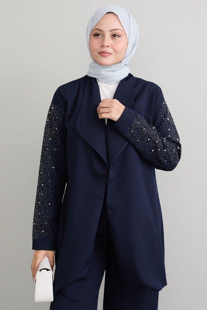 MDS Women Jacketed Pearl Detail Navy Suit - Marburg