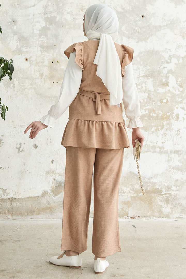 MDS Women Ruffled Shoulder Three Piece Set - Camel - Ilioúpoli