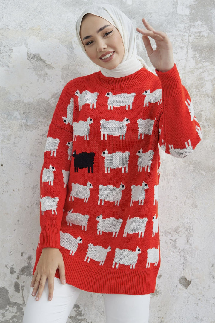 MDS Women Lamb Patterned Knit Sweater - Red - Villenave-d’Ornon