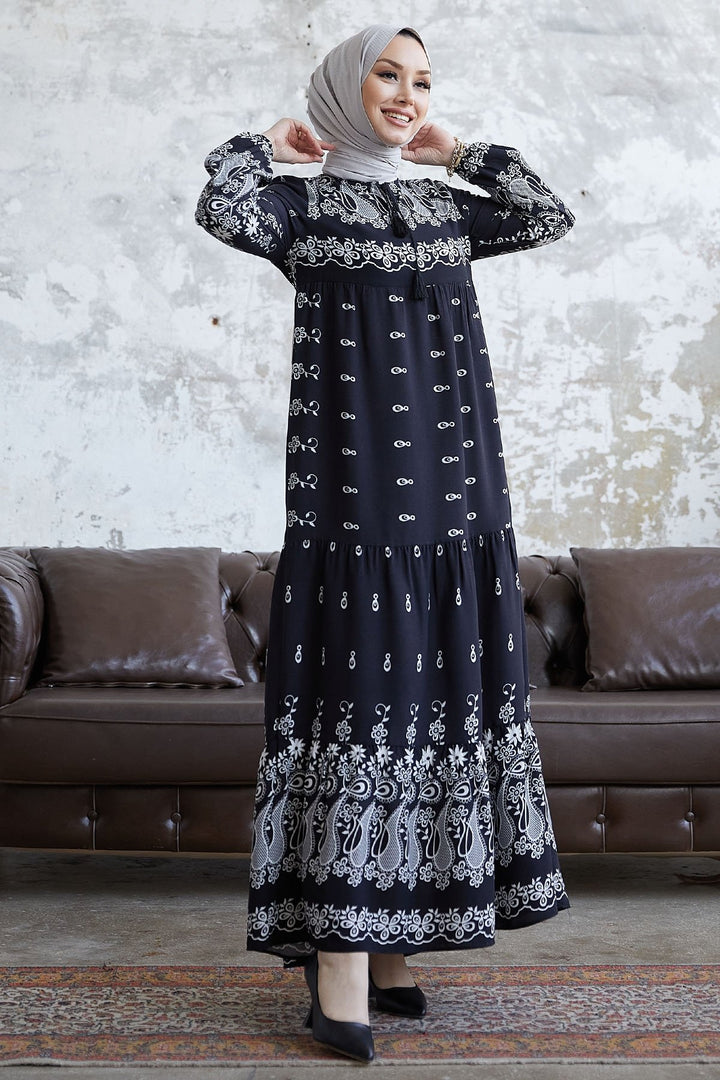 MDS Women Black Viscose Dress with Fringed Pattern - San Javier