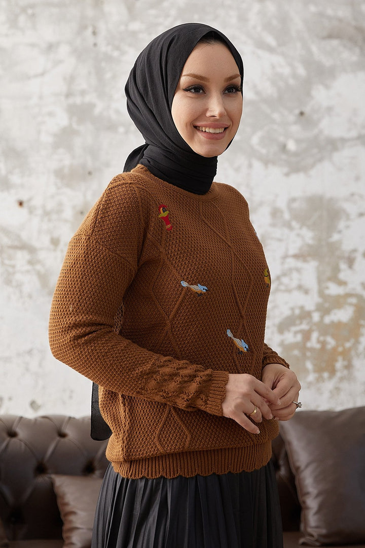 MDS Women Minsa Bird Pattern Embroidered Sweater - Brown - Pärnu
