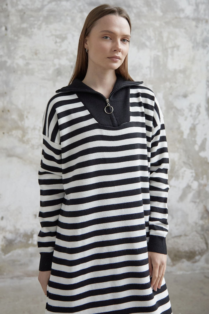 MDS Women Striped Knit Dress with Zippered Neckline - Black - Kiryas Joel