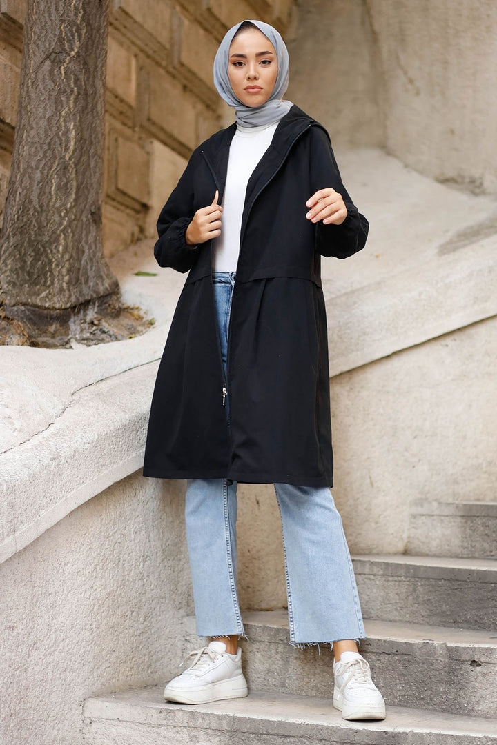 MDS Women Pile Detail Hooded Zippered Jacket - Black - Valle Hermoso