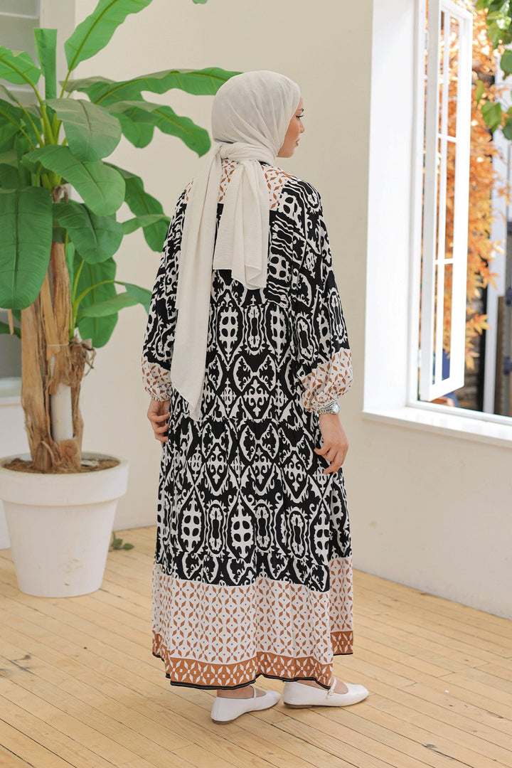 MDS Women Patterned Balloon Sleeve Black Viscose Dress - Wesel