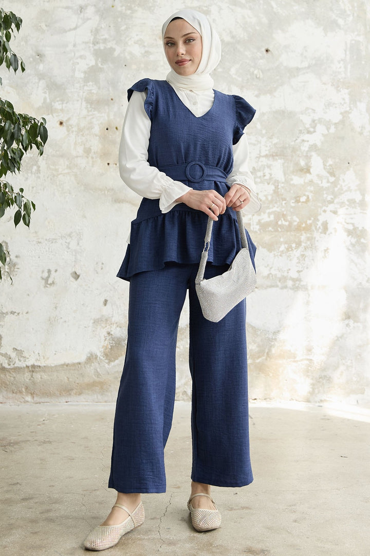 MDS Women Ruffled Shoulder Three Piece Set - Navy - Emsdetten