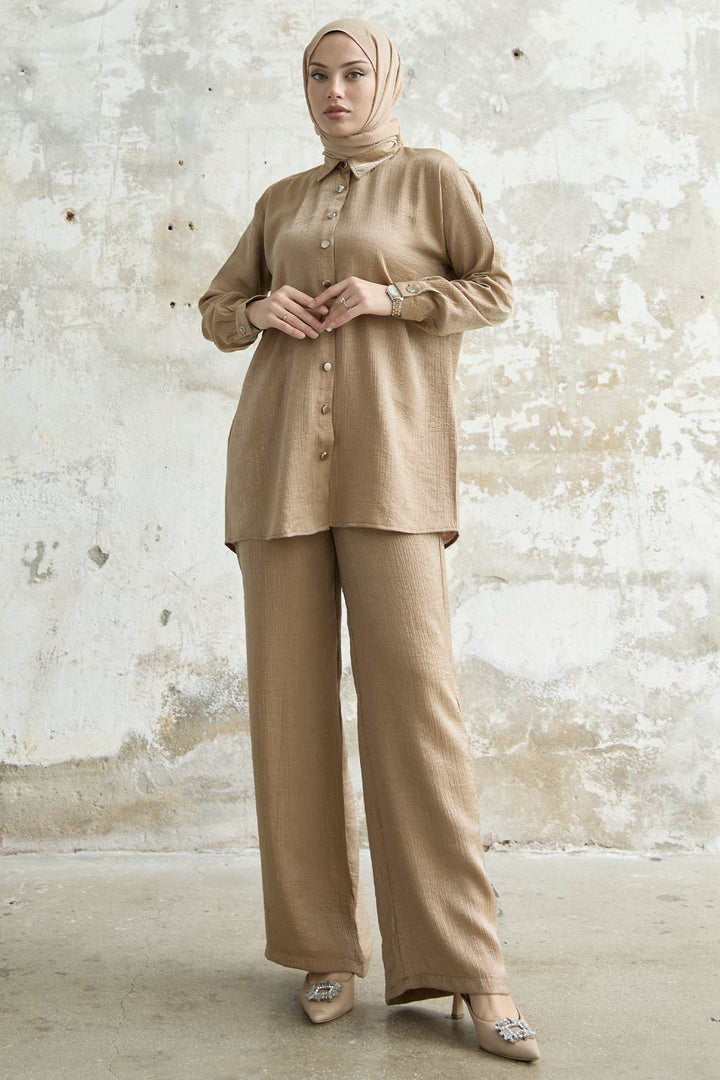 MDS Women Shirt Collar Sequined Two Piece Set - Camel - Barletta