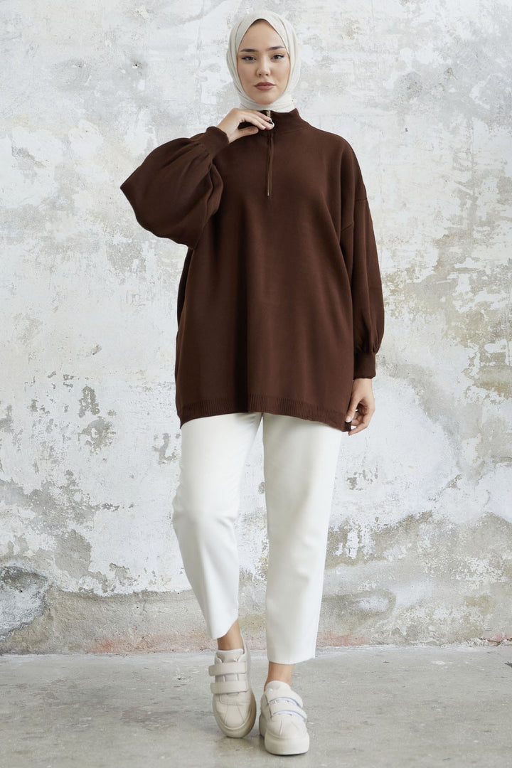 MDS Women Sara Zippered Knit Tunic - Bitter Brown - Cottage Grove