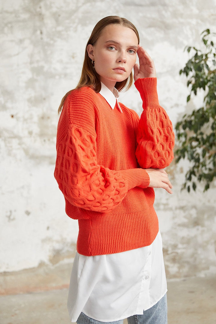 MDS Women Larisa Balloon Sleeve Knit Short Sweater - Orange - Caloundra