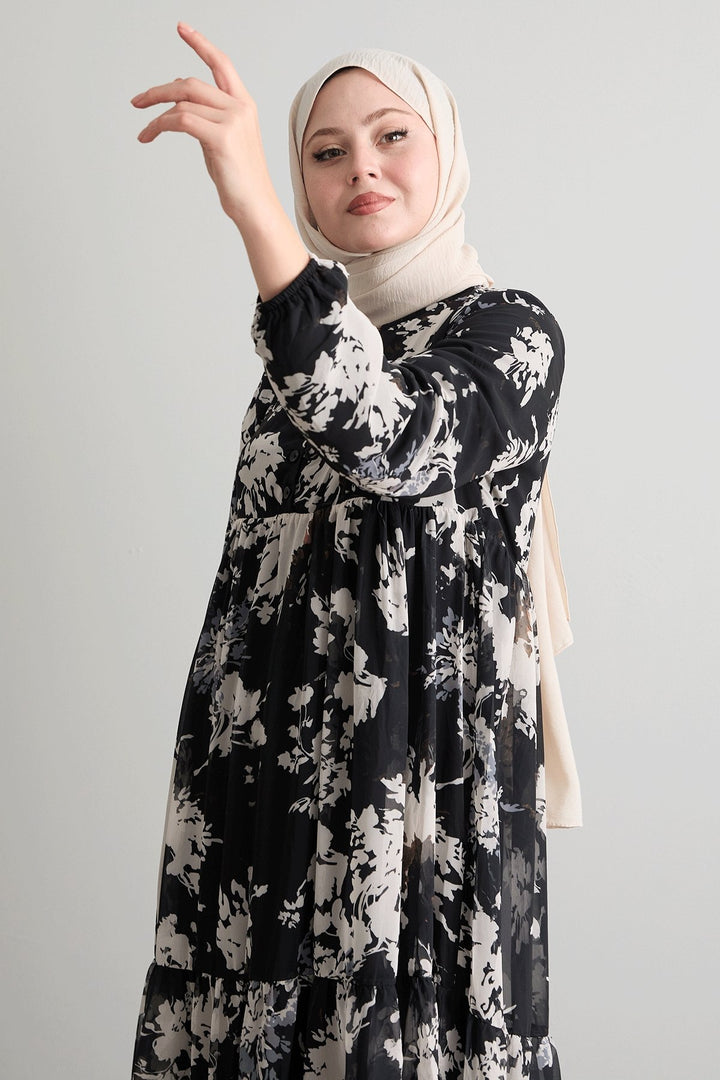 MDS Women Black Chiffon Dress with Leaf Pattern and Tassels at the Front - Schagen