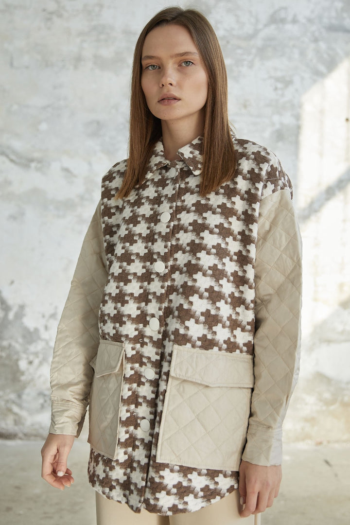 MDS Women Herringbone Pattern Quilted Jacket - Brown - Saint John