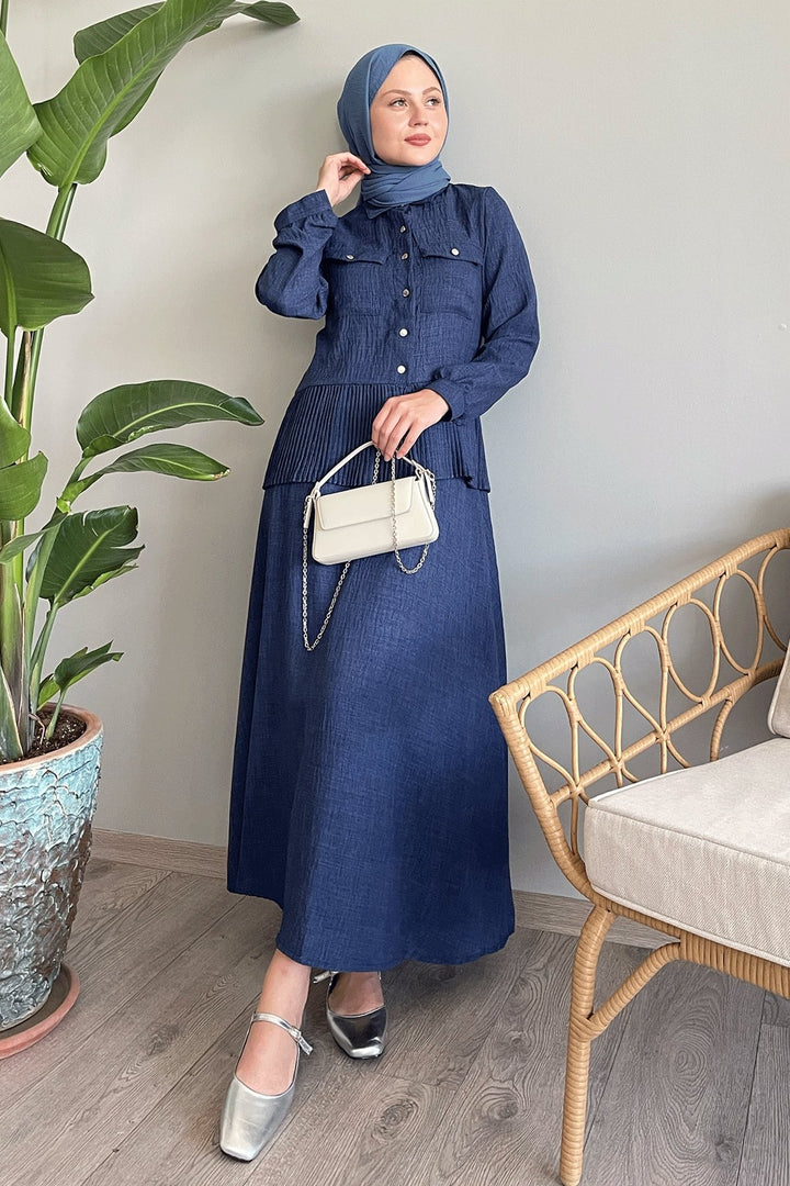 MDS Women Navy Linen Suit with Pleated Skirt - Andover