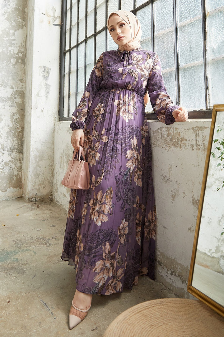 MDS Women Serena Flower Patterned Pleated Chiffon Dress - Purple - Catanzaro