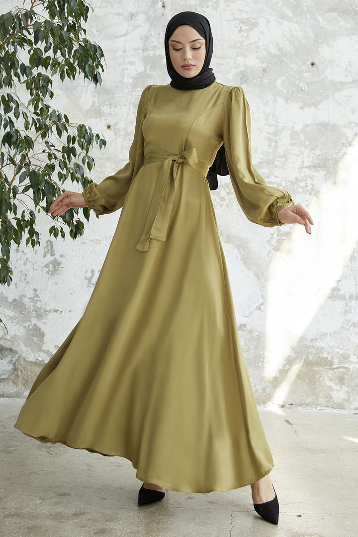 MDS Women Belted Balloon Sleeve Satin Dress - Pistachio Green - Perth