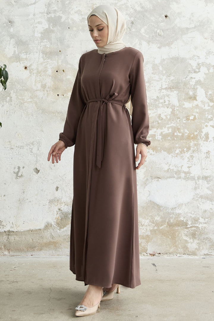 MDS Women Belted Honeycomb Fabric Abaya - Brown - Grenoble
