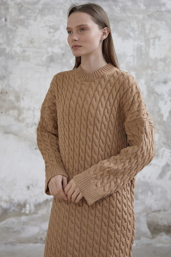 MDS Women Everly Knitted Patterned Sweater Dress - Camel - Arcadia