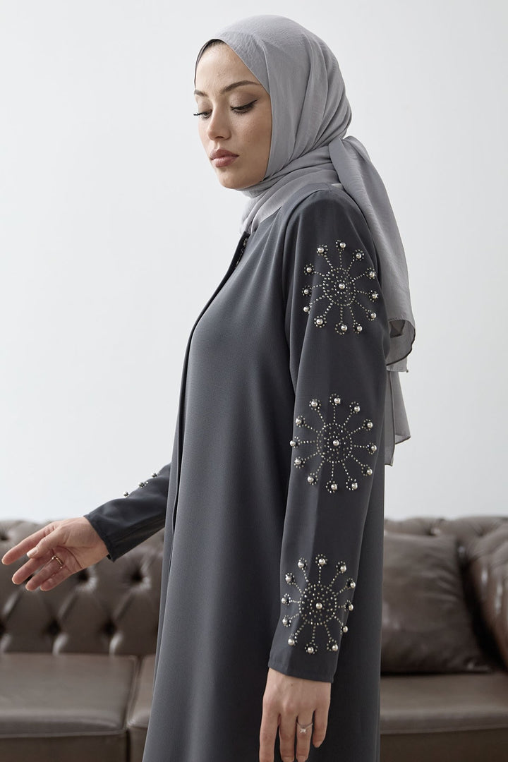 MDS Women Sleeves Pearl Stone Detail Abaya - Anthracite - Mairena del Aljarafe