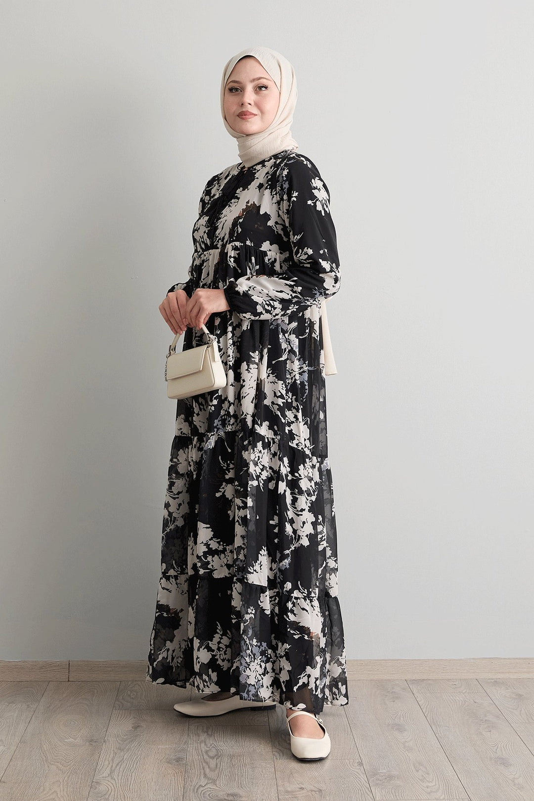 MDS Women Black Chiffon Dress with Leaf Pattern and Tassels at the Front - Schagen
