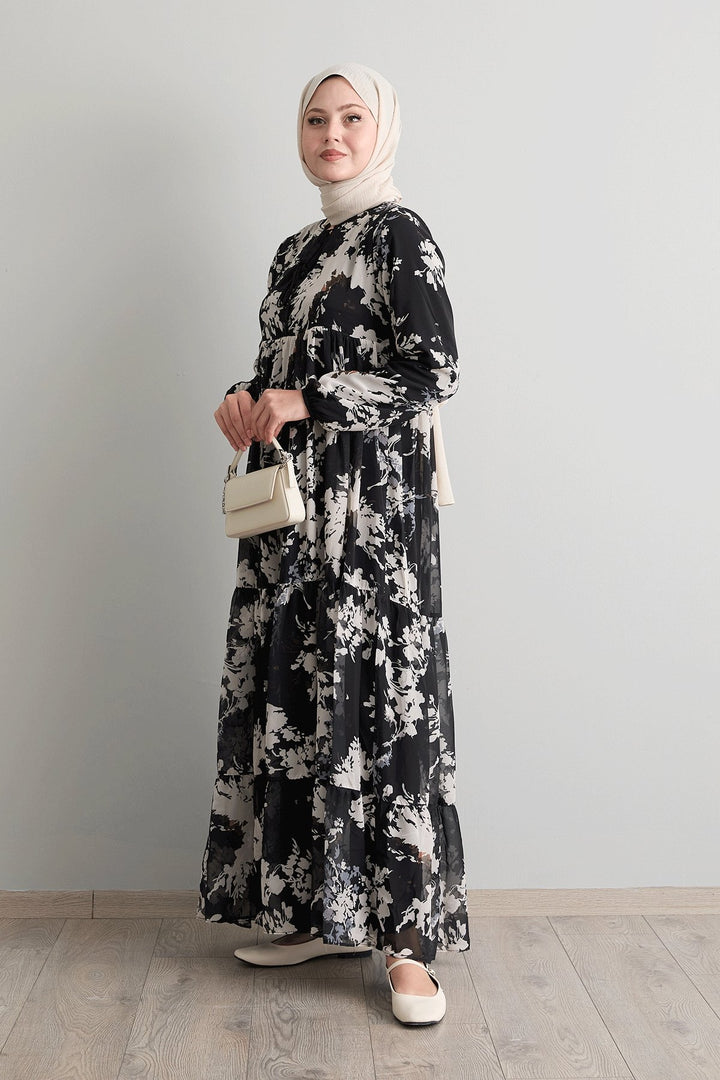 MDS Women Black Chiffon Dress with Leaf Pattern and Tassels at the Front - Schagen