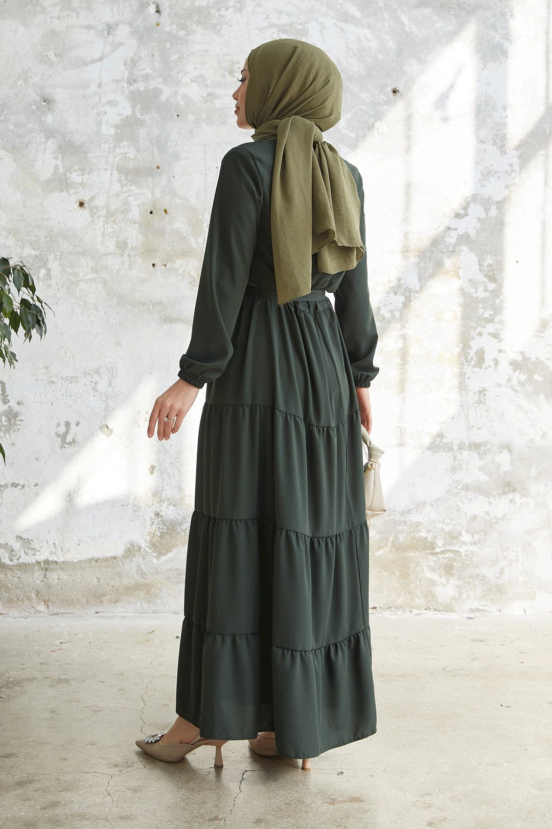 MDS Women Pleated Hem Belted Abaya - Khaki - Solingen