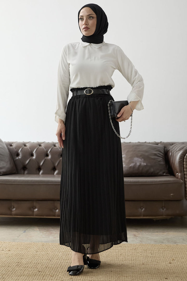 MDS Women Ruched Waist Chiffon Skirt with Belt - Black - Petaluma