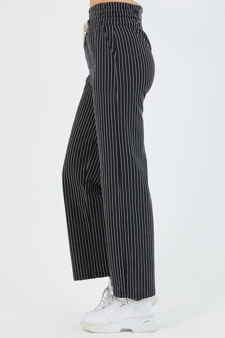 MDS Women High Waist Striped Wide Leg Pants - Black - Zalău
