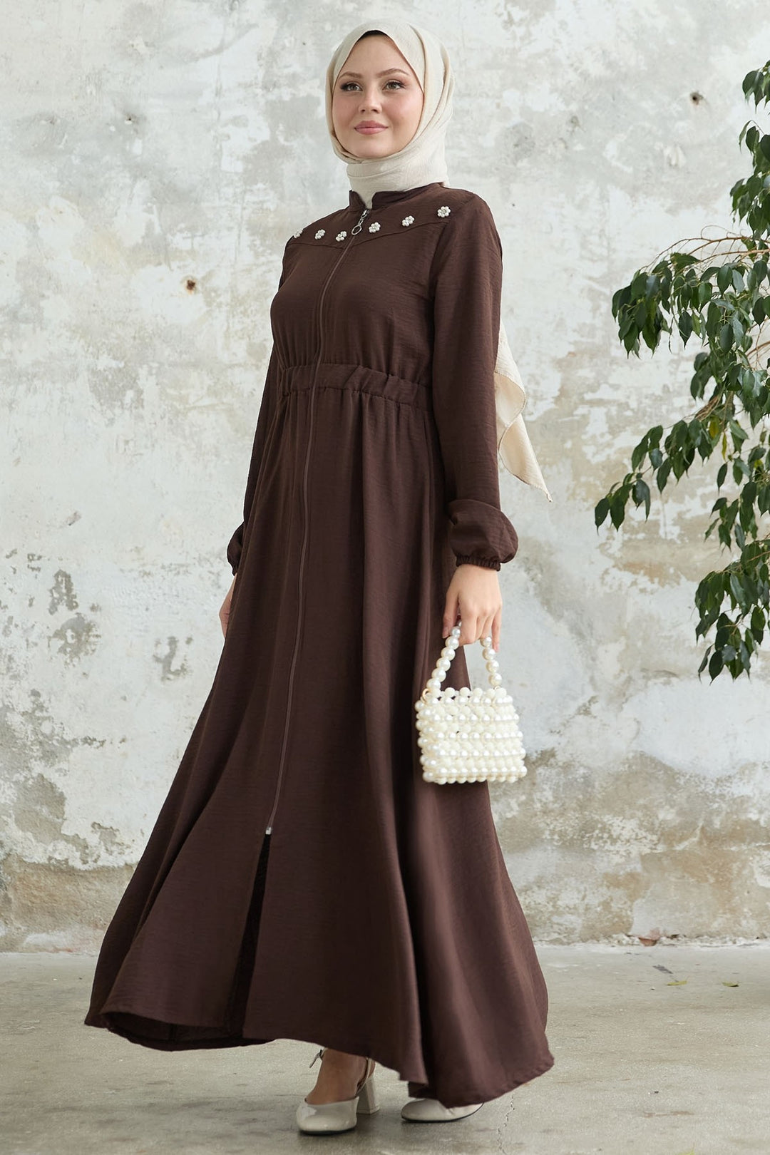 MDS Women Flower Pearl Embroidered Elastic Dark Brown Abaya - Alcira