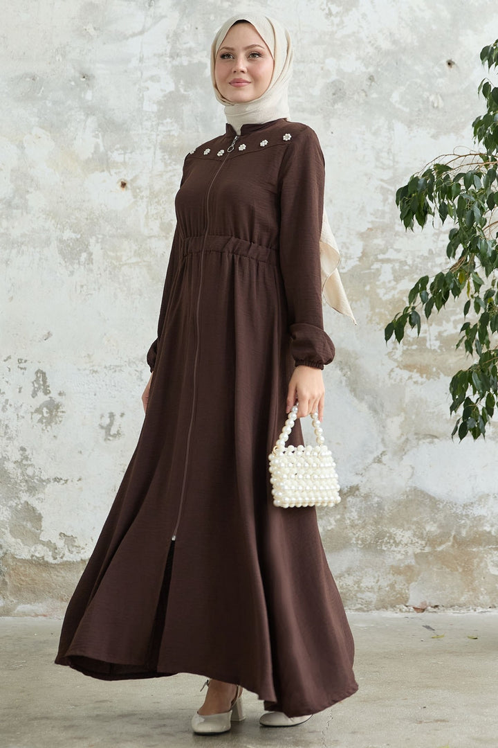 MDS Women Flower Pearl Embroidered Elastic Dark Brown Abaya - Alcira