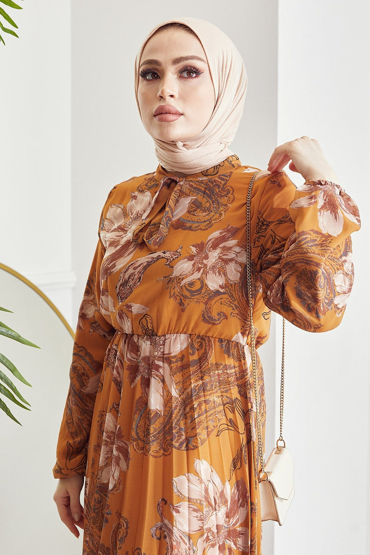 MDS Women Serena Flower Pattern Pleated Chiffon Dress - Mustard - Panama City