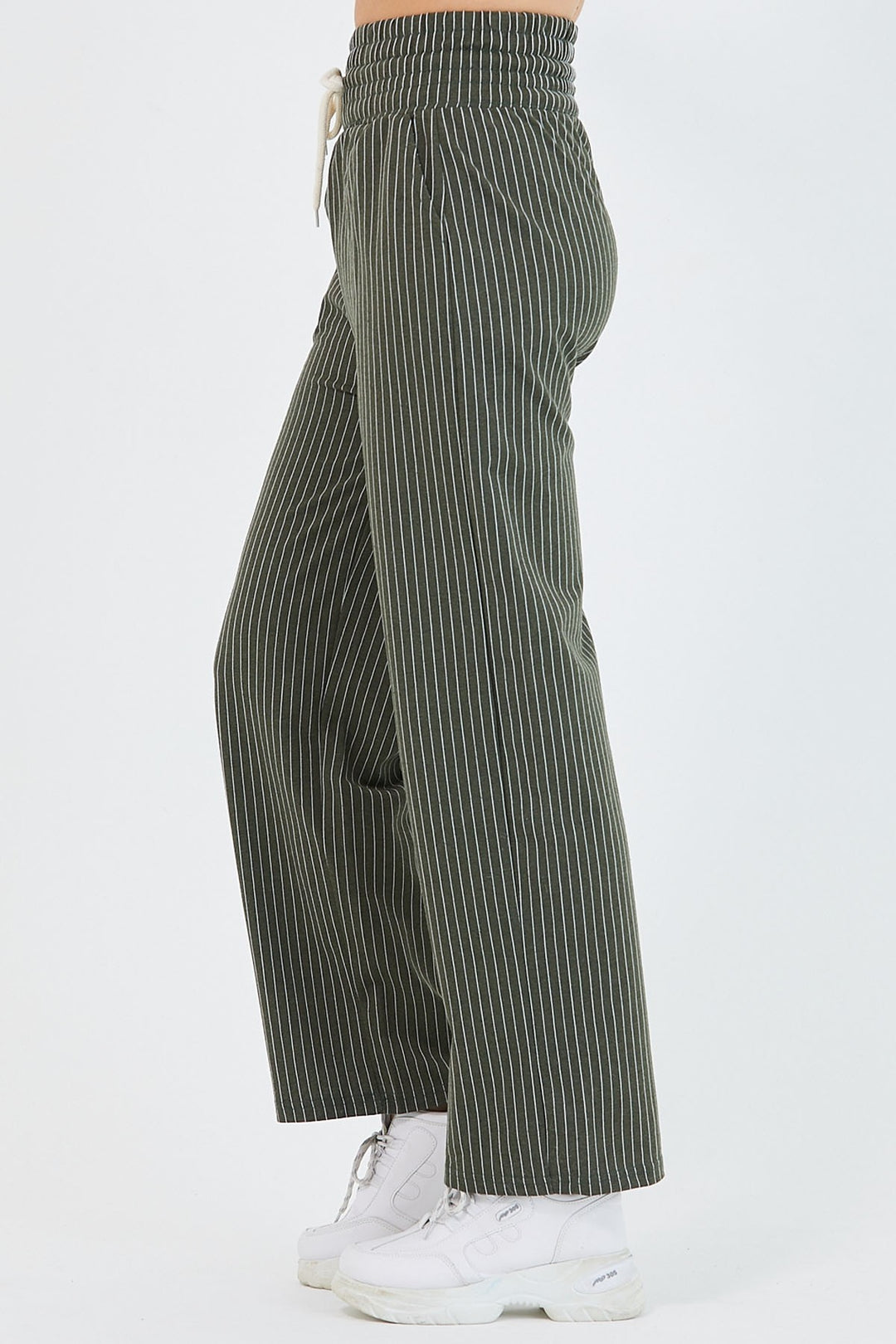 MDS Women High Waist Striped Wide Leg Pants - Khaki - Seaside