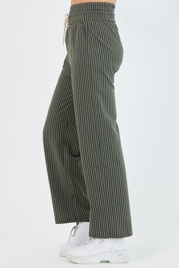 MDS Women High Waist Striped Wide Leg Pants - Khaki - Seaside