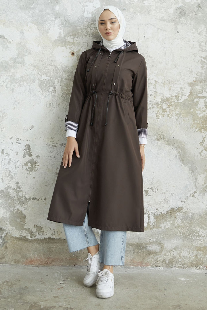 MDS Women Striped Patterned Long Trench Coat - Bitter Brown - Saint Albans