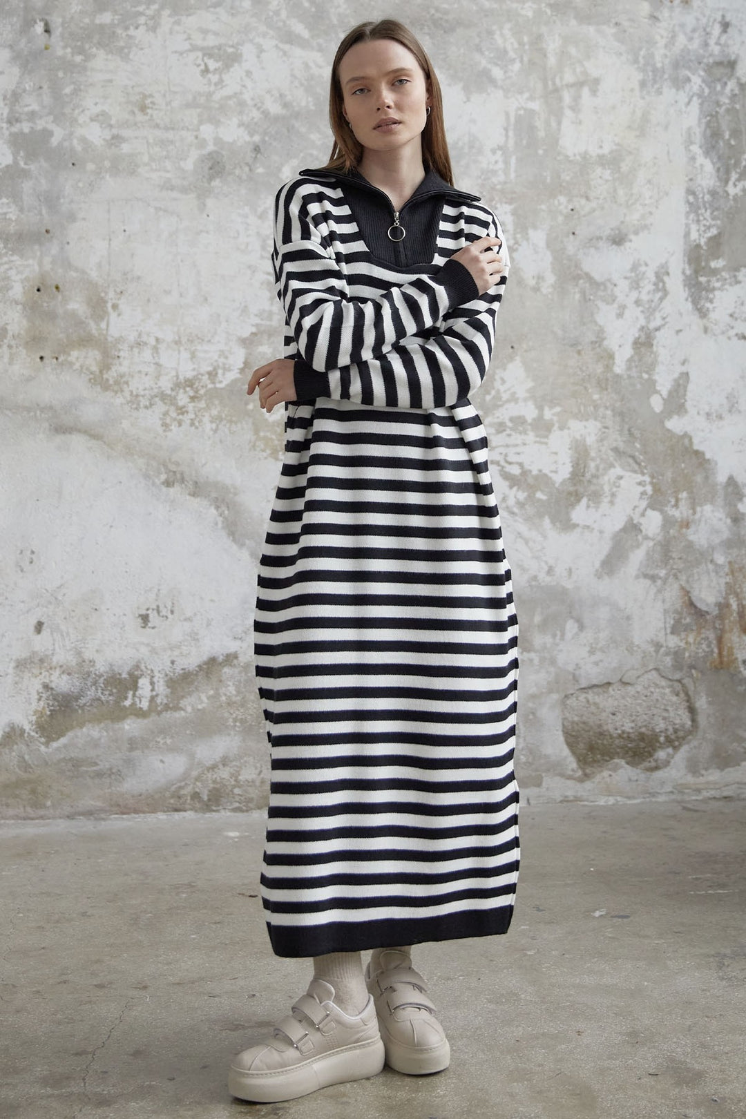 MDS Women Striped Knit Dress with Zippered Neckline - Black - Kiryas Joel