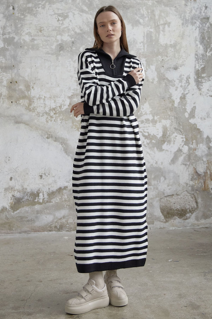 MDS Women Striped Knit Dress with Zippered Neckline - Black - Kiryas Joel