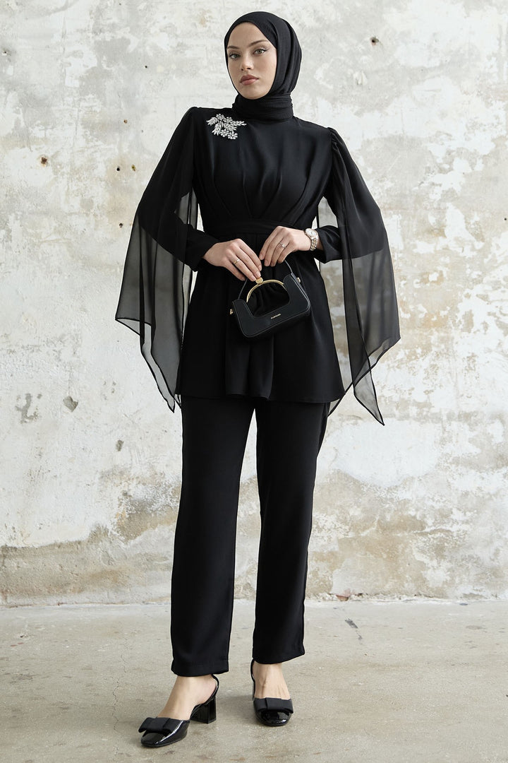 MDS Women Stone-Accented Tulle Crepe Set - Black - Bagnolet