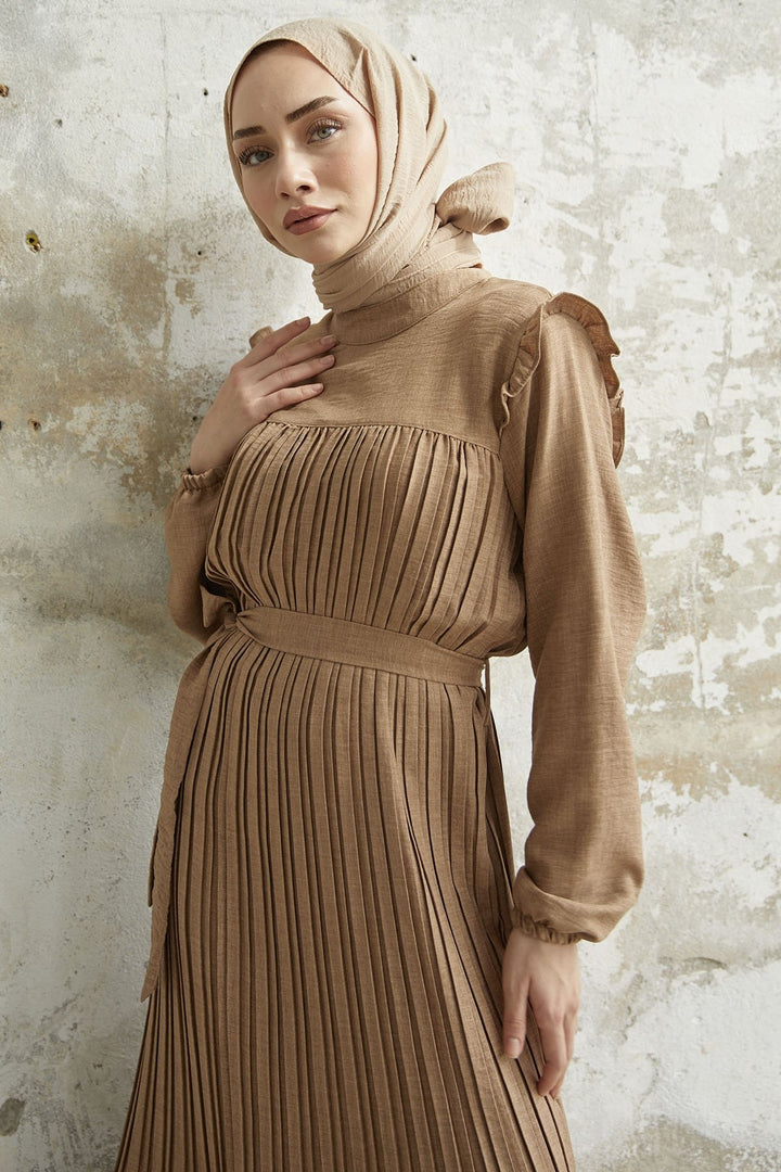 MDS Women Ruffle Trim Linen Dress with Puff Sleeves - Beige - Herzogenrath