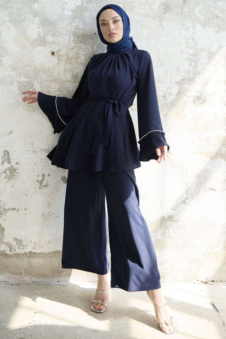 MDS Women Armhole Padded Belted Two Piece Set - Navy - Pervomaisk