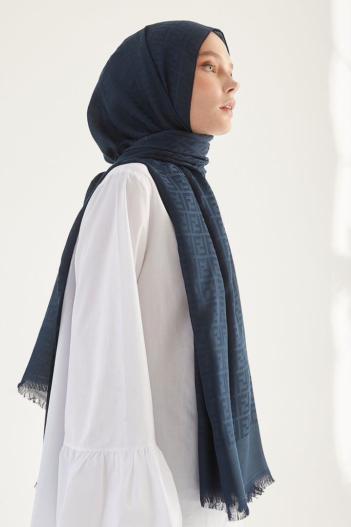MDS Women Handwoven Jacquard Cotton Scarf - Navy Blue - Middletown
