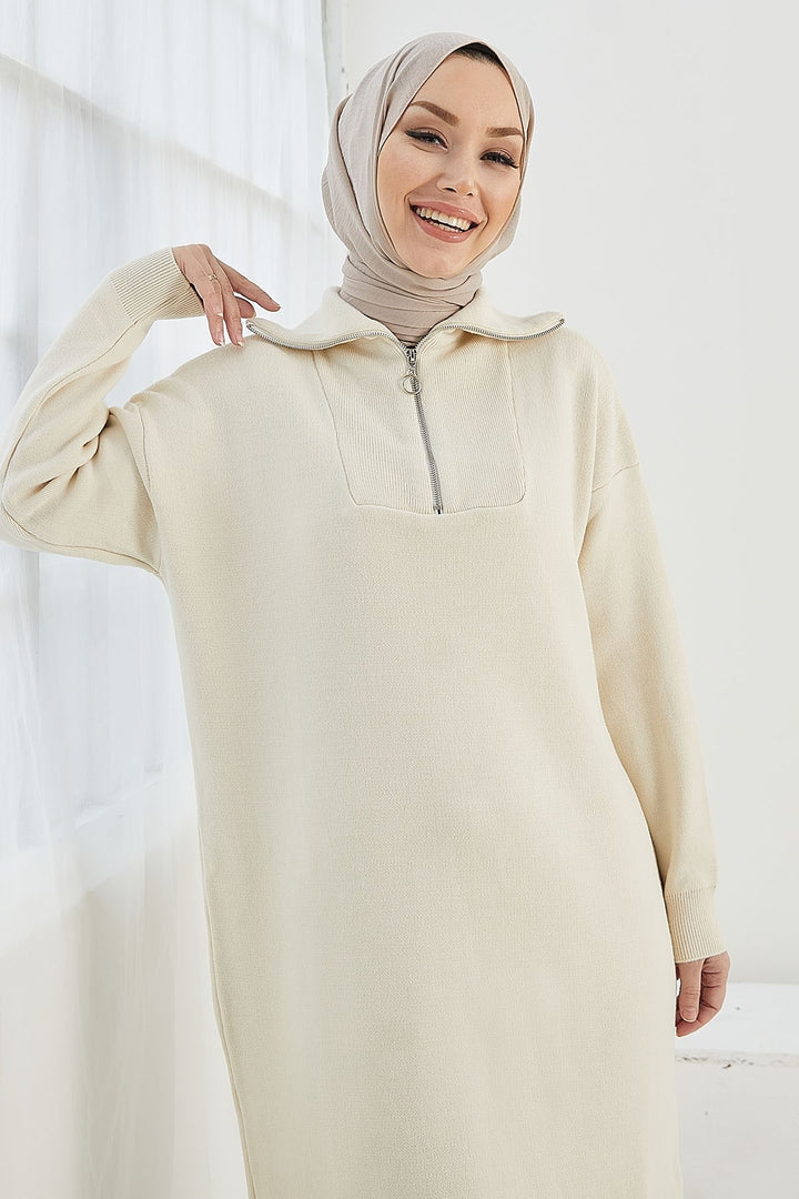 MDS Women Esila Collar Zip Long Knit Dress - Ecru - Tamazunchale