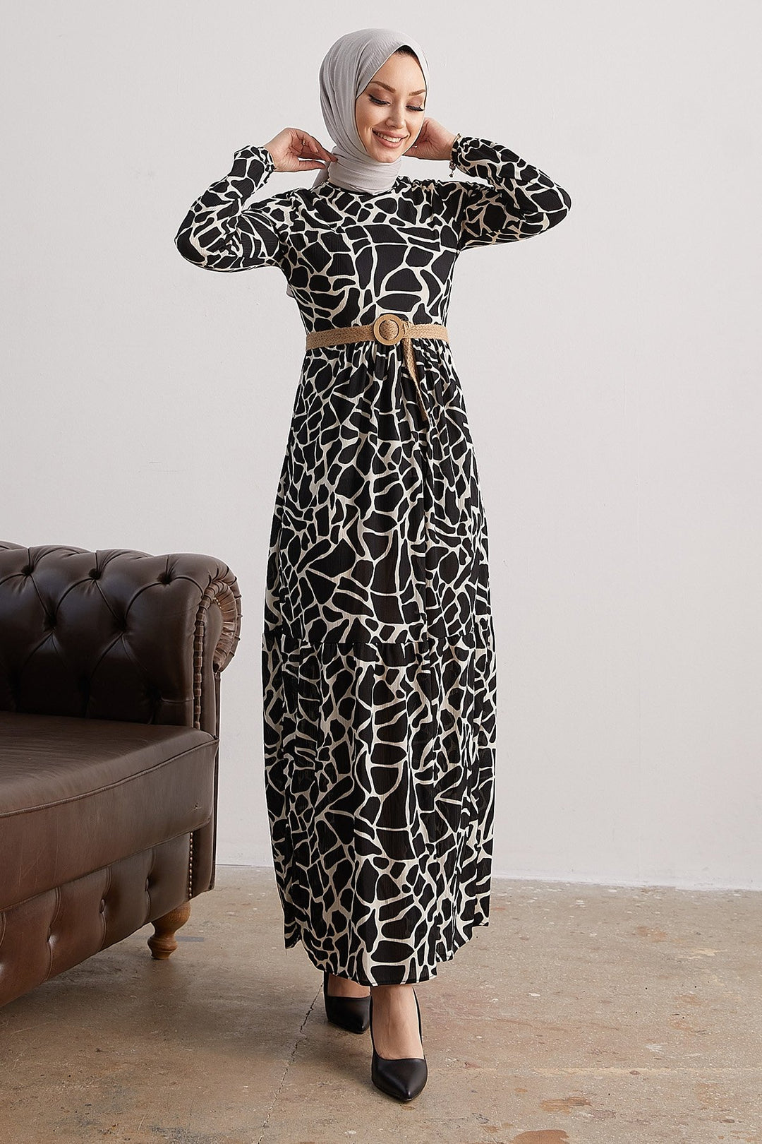 MDS Women Else Stone Patterned Straw Belted Dress - Black - St. Cloud