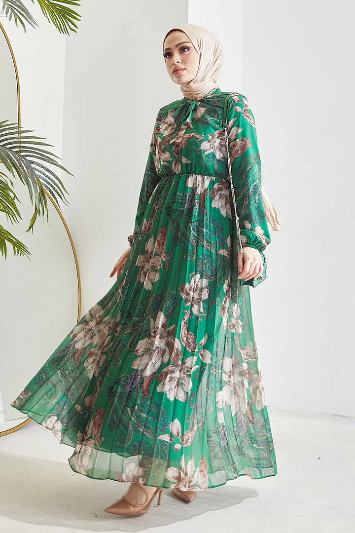 MDS Women Serena Flower Pattern Pleated Chiffon Dress - Emerald Green - Palencia