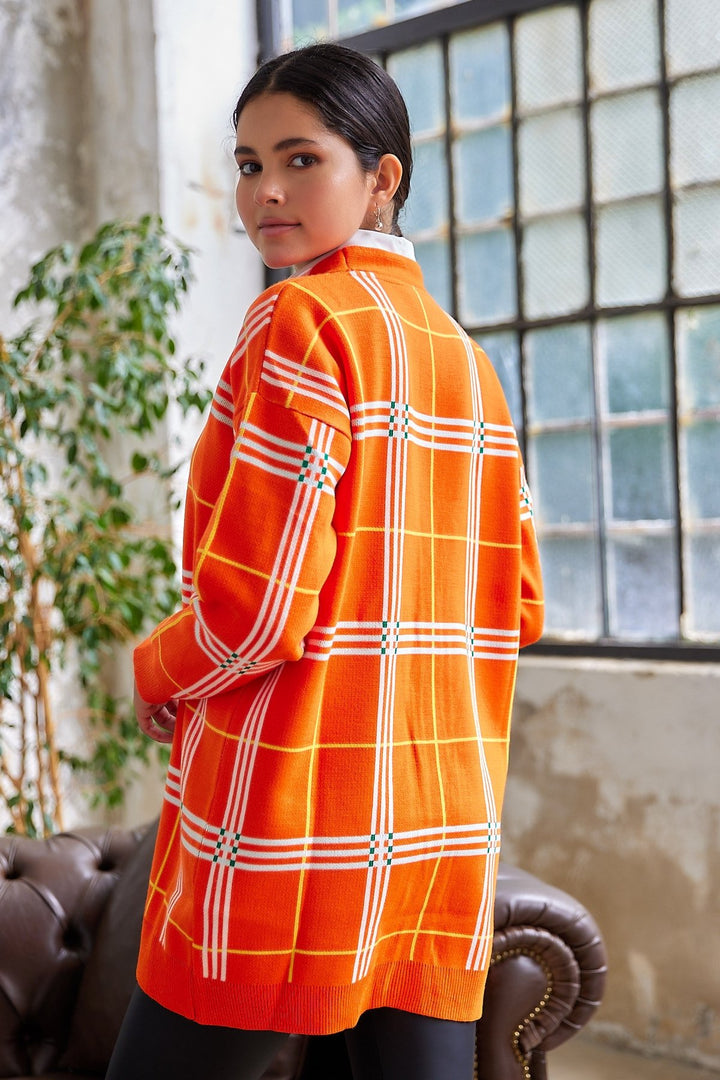 MDS Women Meri Checkered Knit Cardigan - Orange - Sanford