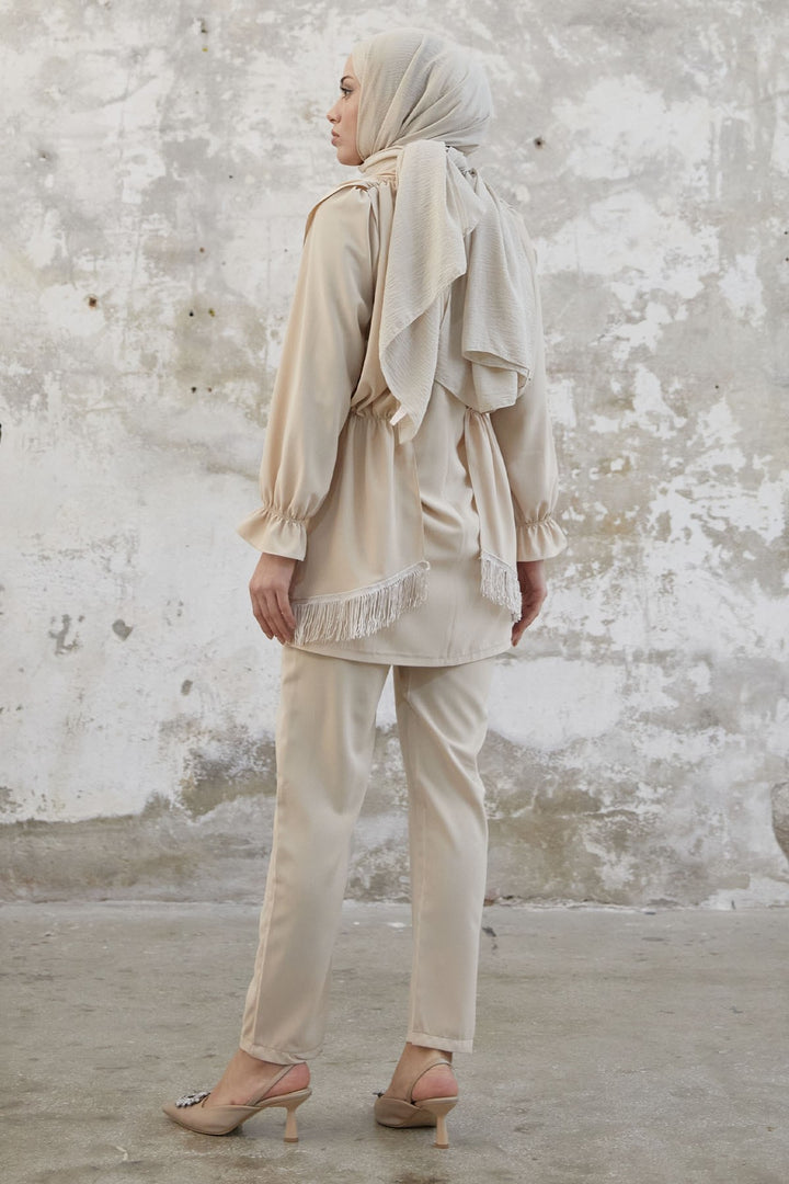 MDS Women Tassel Detail Stone Crepe Set - Beige - Dronten