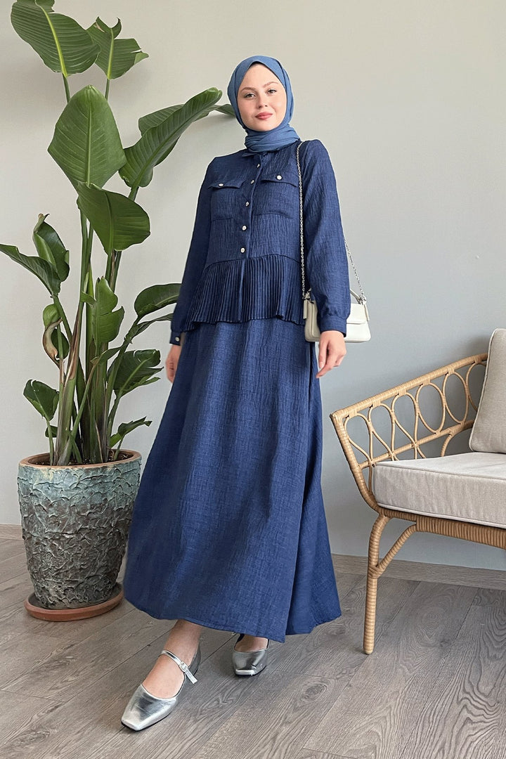 MDS Women Navy Linen Suit with Pleated Skirt - Andover